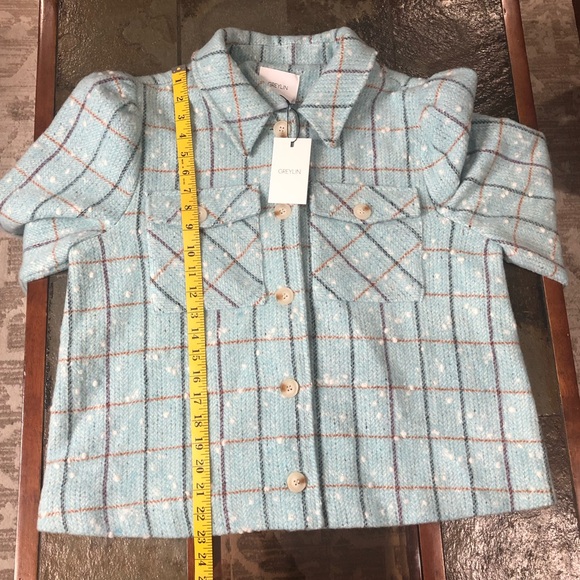 NWT Greylin Sammy Puff Sleeve Shacket Powder Blue Check Print Size L Wool Blend - Picture 16 of 16